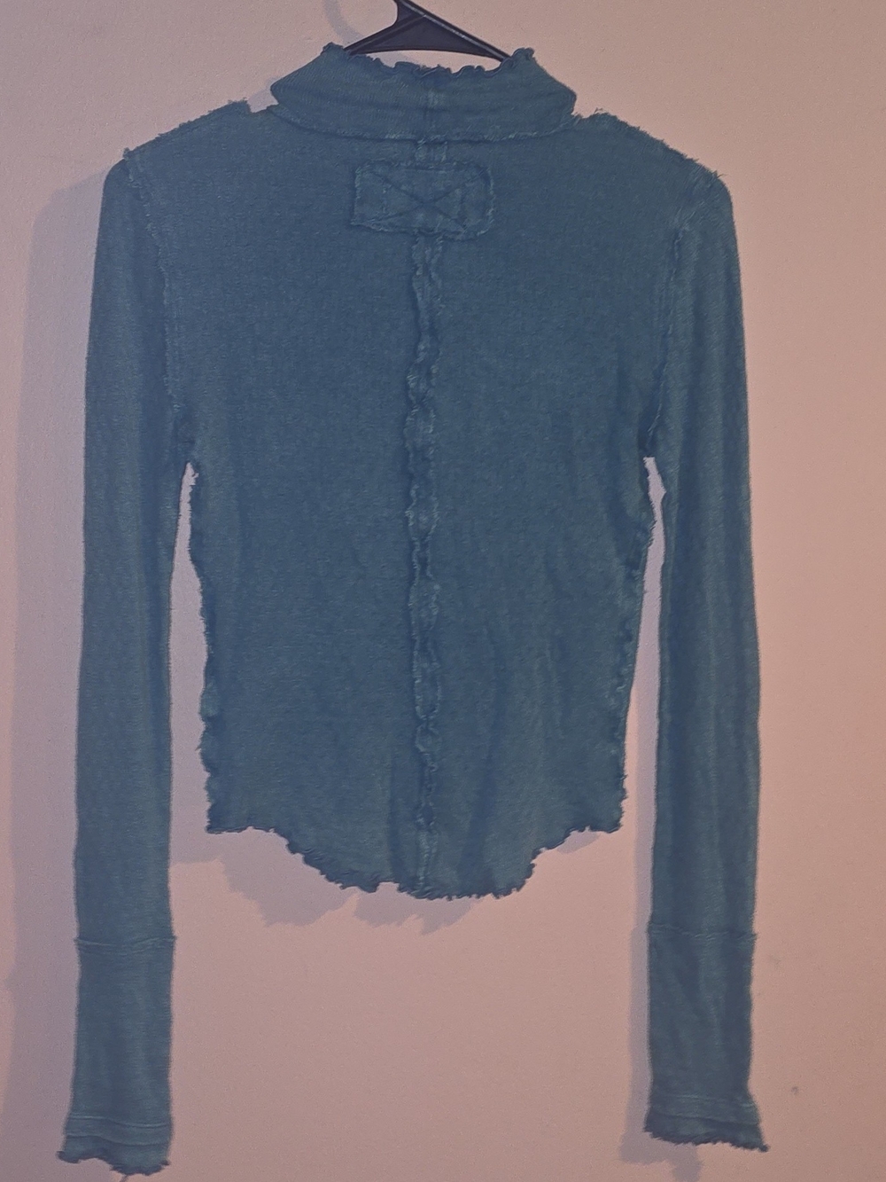 NWT-We The Free Teal Solid Rib Knit Ruffle Mock Neck Long Sleeve Layering Top L - Picture 9 of 10
